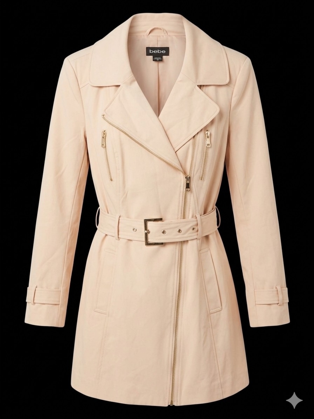 bebe asymmetrical zip trench coat
